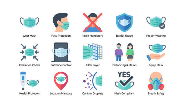 Surgical mask icons showing usage protocols on white backdrop