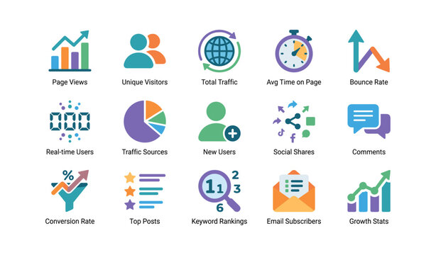 Dashboard icons representing web metrics in grid layout