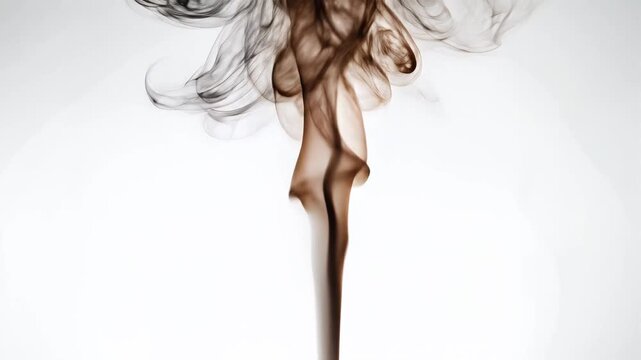Black and brown smoke plumes rising and swirling in slow motion on white background