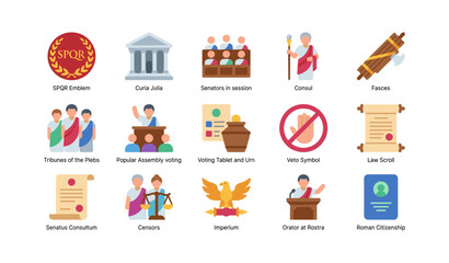 Naklejka premium Ancient roman civic and political icons arranged in grid layout
