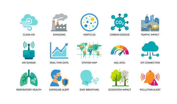 Air quality and pollution icons showing sensors and alerts