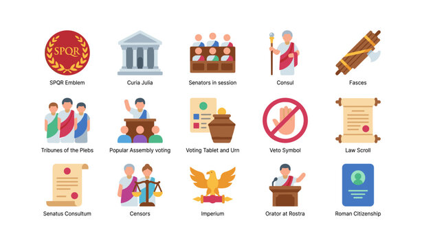 Ancient roman civic and political icons arranged in grid layout