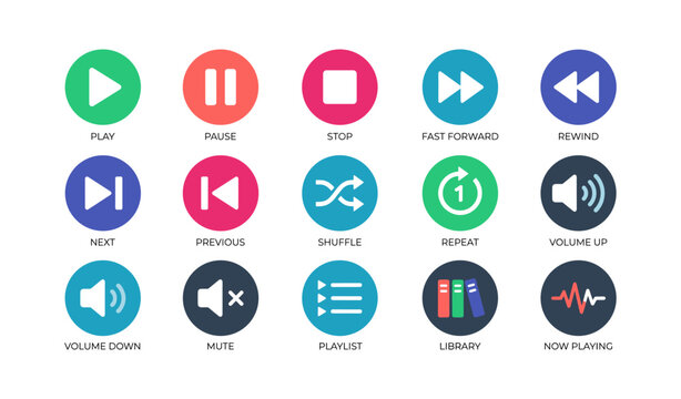 Media control icons arranged in grid on white background