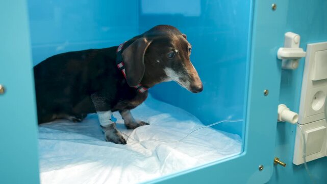Anxious aged sick dachshund inside blue oxygen chamber, senior dog rests on absorbent pad. Window with clinical latch with sterile lighting, tense healing atmosphere. Hospital in a veterinary clinic