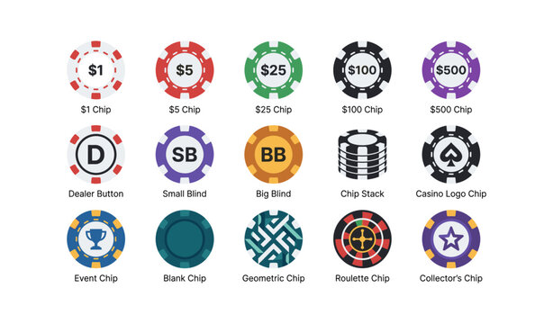 Casino and poker chip icons arranged in a grid on white background