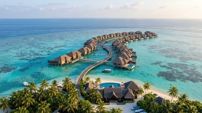 Overwater bungalow loop connected to tropical beach resort