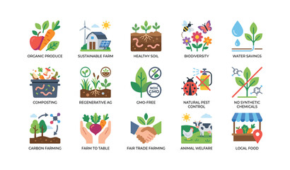 Naklejka premium Sustainable farming icons arranged in grid on white background