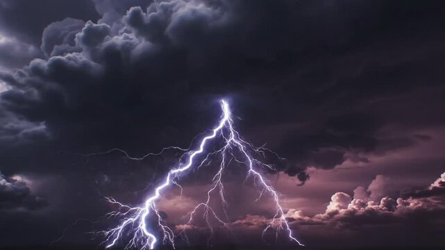 Lightning bolt animation over dark clouds in stormy sky with rain and thunder effects