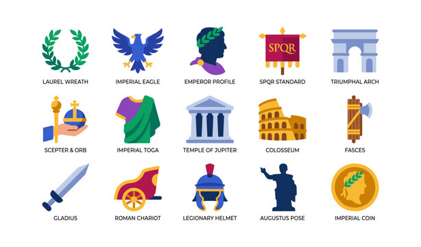 Roman imperial symbols arranged in grid on white background
