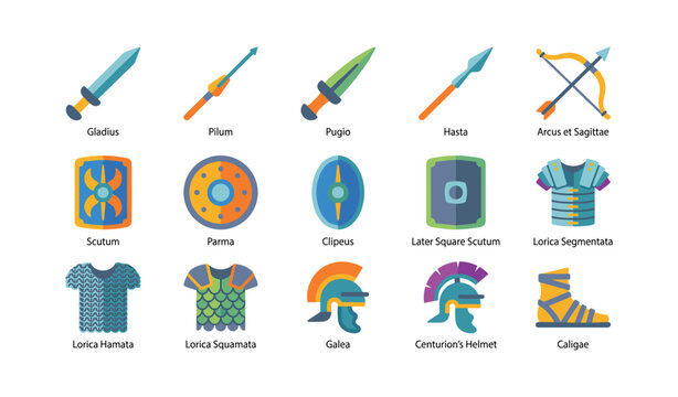 Roman military equipment icons labeled in grid on white background