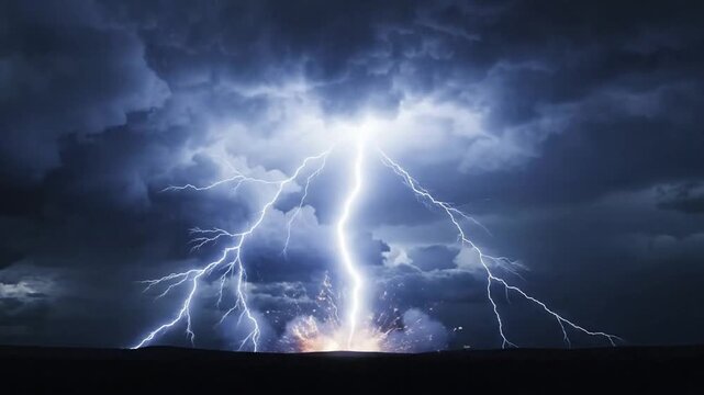 Lightning bolt animation with intense flashes displayed over dark storm clouds at night