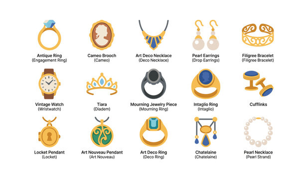 Jewelry and antique pieces icons arranged in grid on white background