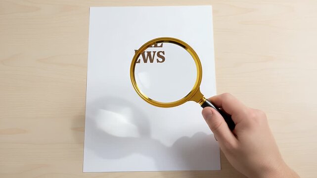Hand holding a golden magnifying glass over a paper with the words "fake news" to investigate truth and information accuracy in media.