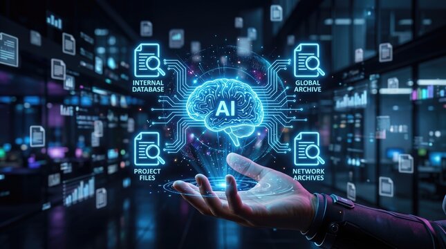 A digital hand presents a glowing AI brain connected to databases, archives, and files, symbolizing advanced artificial intelligence and data integration.