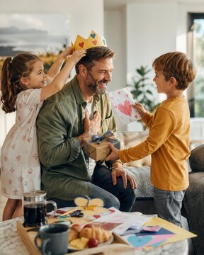Kinder &uuml;berraschen ihren Vater zum Vatertag mit Papierkrone, Geschenk und selbstgemalter Karte