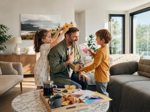 Kinder &uuml;berraschen ihren Vater zum Vatertag mit Papierkrone, Geschenk und selbstgemalter Karte