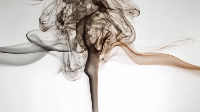 Dynamic black, grey, brown smoke plumes flow and merge into abstract shapes and patterns on a white background.