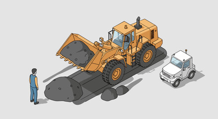 Large yellow excavator and small white jeep with person. © Re