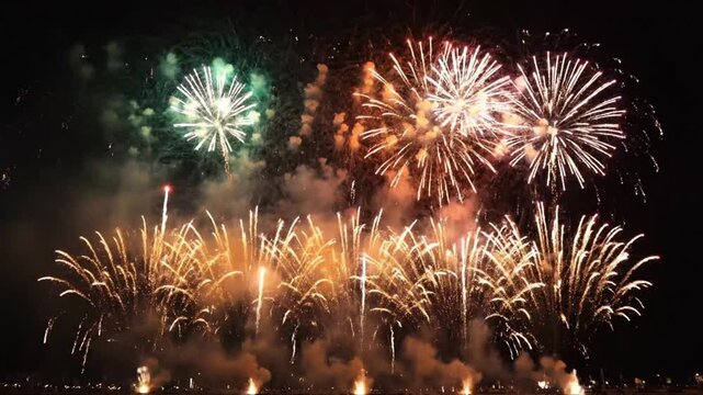 Multicolored fireworks display during grand finale at the festival with bright lights and loud sounds