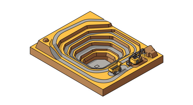 Isometric illustration of an open-pit mine with mining equipment.