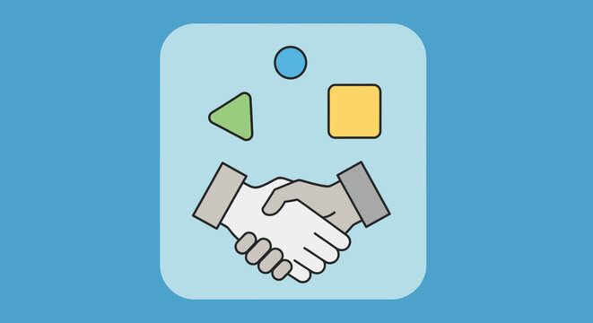 Diverse partnership handshake with geometric shapes symbolizing collaboration and agreement
