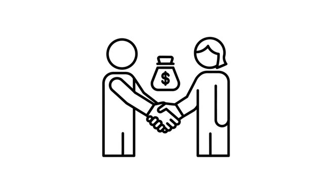 Business deal icon: two people shaking hands with money bag symbolizing agreement and transaction
