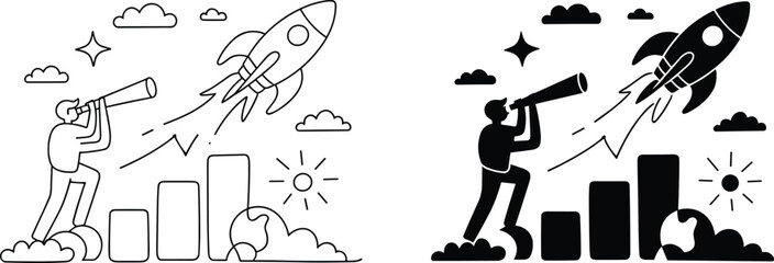 Vector growth exploration rocket launching with telescope business success illustration © Universal Icons Lab