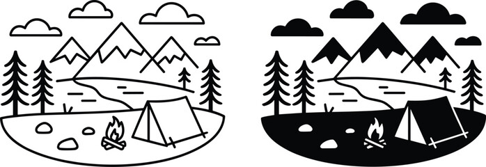 Camping scene vector illustration mountain landscape with tent fire and nature elements © Universal Icons Lab