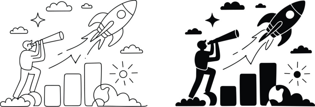 Vector growth exploration rocket launching with telescope business success illustration