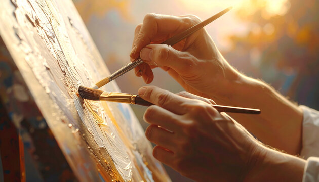 Kunstenaar schildert met penselen op canvas.