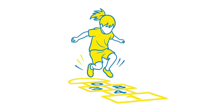 Child playing hopscotch on pavement outdoors.