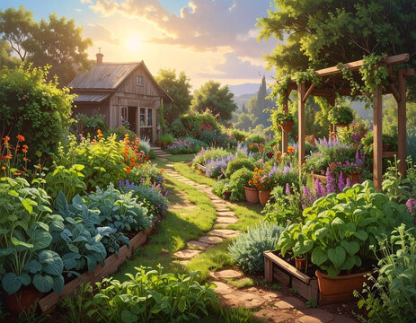 Tuinpad met bloeiende bloemen