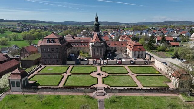 Aerial View Propstei Johannesberg, , Benedictine priory, district of Fulda in Hesse, Roman Catholic parish church of St. John the Baptist, Germany