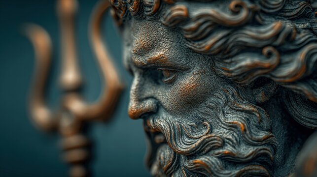 Greek mythology sea god Poseidon. Fantasy. A closeup of a bronze sculpture of a bearded mans face, intricately detailed with swirling, wavy hair and a beard. The sculptures patina is a rich.