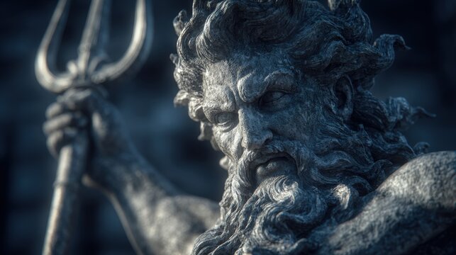 Greek mythology sea god Poseidon. Fantasy. A closeup of a detailed statue of a mythical figure, likely a deity or mythological figure, holding a trident. The statue is intricately carved with a dark.