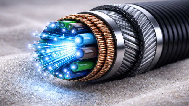 Macro close-up of a cut fiber optic cable cross-section with glowing blue light beams.