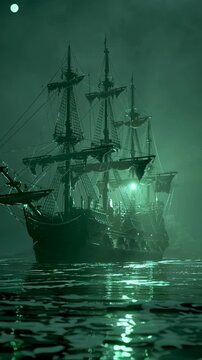 Mysterious old sailing ship illuminated by green light on dark foggy water at night.