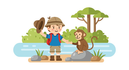 A young explorer wearing a hat and backpack shakes hands with a friendly brown monkey sitting on a rock by a river in a lush jungle. © Syifa