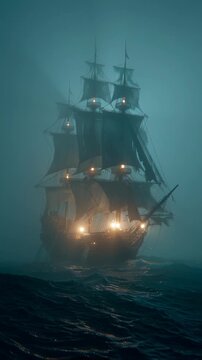 Mysterious old sailing ship navigating through foggy night ocean waters with lit lanterns.