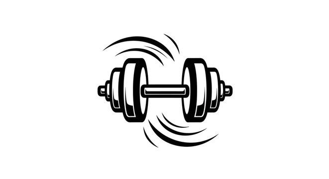 Black and white dumbbell fitness icon with motion lines