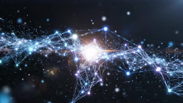 Artificial intelligence creates dynamic visual patterns in a dark space with glowing lines and bright points during the exploration of technology