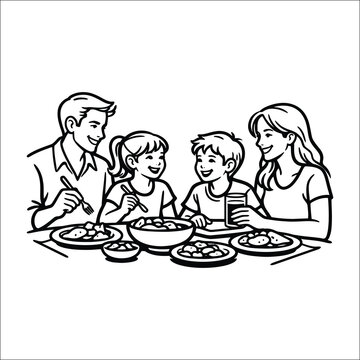 Happy Family Eating Dinner Together at Table Line Art Illustration