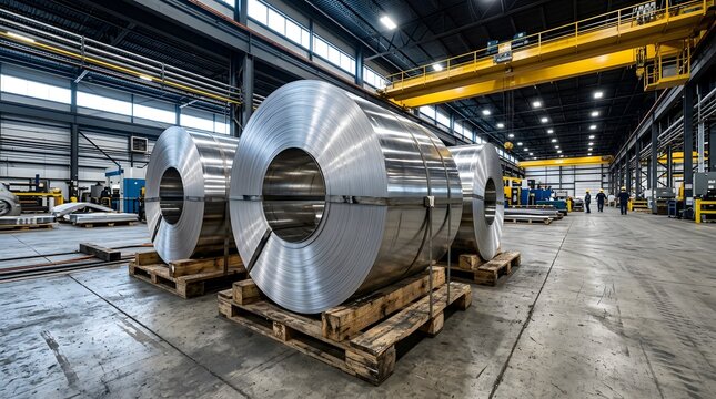 Large rolled metal coils on wooden pallets in an industrial warehouse featuring an overhead gantry crane and factory workers in the distance of a steel manufacturing and storage facility.