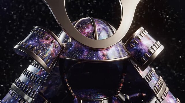 Sci-fi samurai kabuto helmet with vibrant cosmic galaxy patterns and metallic finish against a dark starry space background