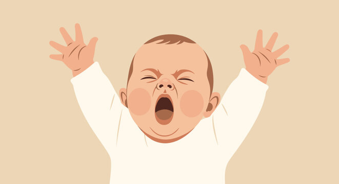 Crying baby with arms up.