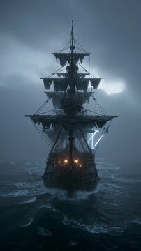 Dark and eerie pirate ship sailing through foggy night sea with glowing lanterns.