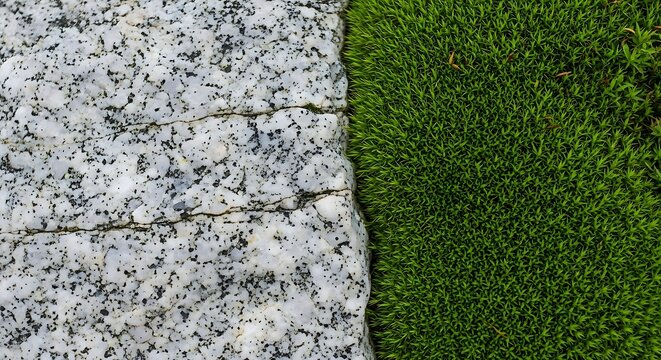 A close-up, top-down view of a granite rock face meeting a vibrant green mossy surface, highlighting textures and contrast