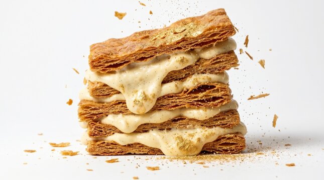 Gold-dusted mille-feuille with collapsing layered structure. Isolated on White background
