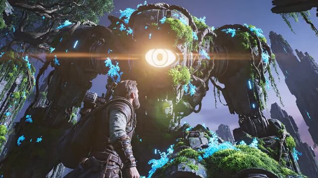Lone explorer confronts giant moss robot in alien landscape