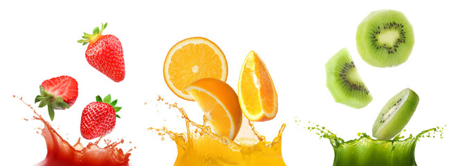 Obraz premium Different fruits falling into splashing juices on white background, set